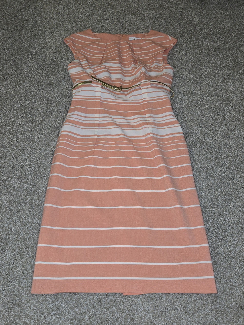 Calvin Klein Peach and White Striped Midi Dress with Gold Belt